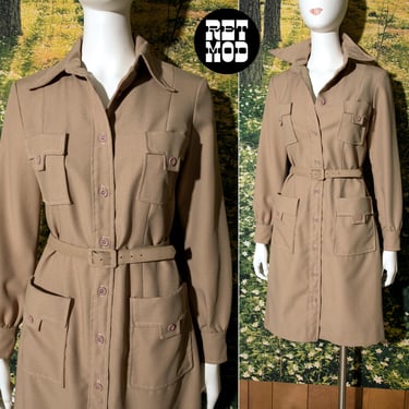 Chic Vintage 60s 70s Khaki Colored Safari Shirt Dress with Pockets by Parade New York 