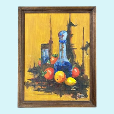 Vintage Still-Life Painting 1960s Retro Size 27x21 Mid Century Modern + Bottle + Fruit + MCM Wall Art + Acrylic on Stretched Canvas + Decor 