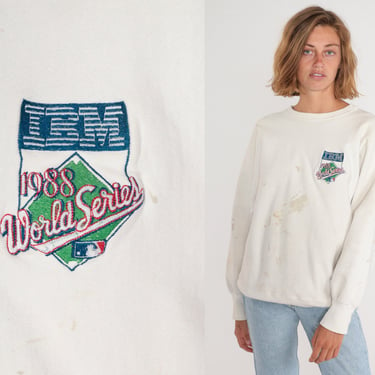 1988 World Series Sweatshirt 80s Baseball Shirt 88 MLB Los Angeles Dodgers LA Paint Splatter Distressed White Vintage 1980s Champion Large L 