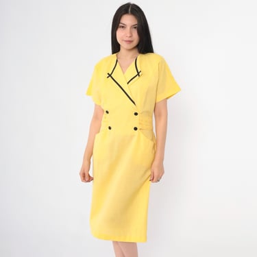 Yellow Double Breasted Button Up Dress 80s Midi Dress Secretary Short Sleeve Faux Wrap 1980s Vintage Preppy Sheath Pocket Petite Medium M 