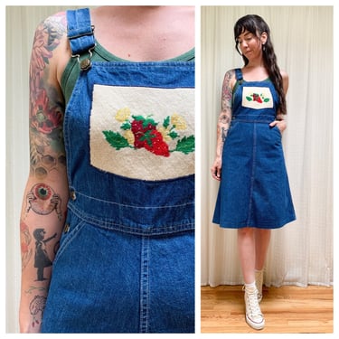 70s Oshkosh overall dress with embroidered fruit 