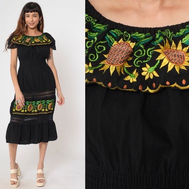 Black Peasant Dress 90s Floral Embroidered Off Shoulder Midi Dress Bohemian Mexican Lace Tiered Skirt High Waist Vintage 1990s Small Medium 