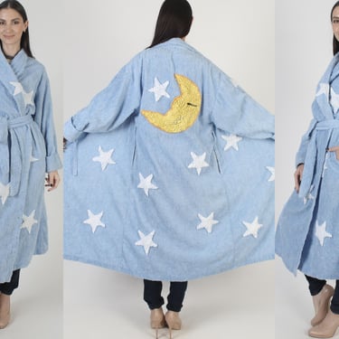 Canyon Group By Damze, Moon and Stars Chenille Robe, Made In USA Nightgown With Pockets, Vintage 90s Costume 