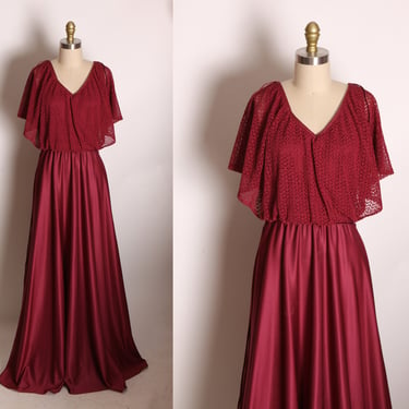 1970s Burgundy Full Length Lace Overlay Bodice Draped Sleeve Formal Dress -M 