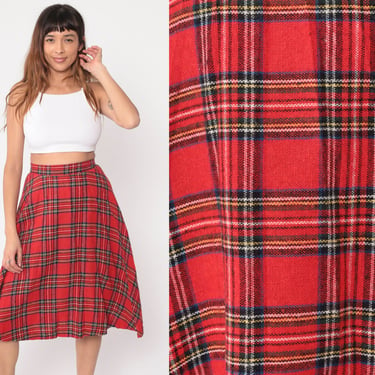 Red Plaid Skirt 70s Tartan Midi High Waisted Dark Academia Skirt A Line Preppy Checkered Skirt School Girl Vintage 1970s Small S 