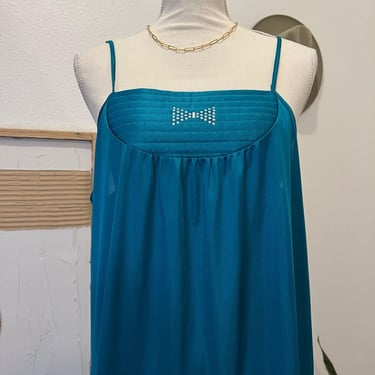 Vintage 90s Teal Blue Silky Strap Loose Fitting Embellished Bow Maxi Slip Dress 