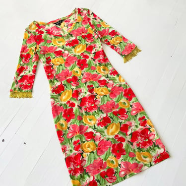 1990s Floral Print mesh dress with Beaded Sleeves 