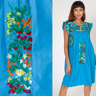 Mexican Oaxacan Dress Embroidered Hippie Boho Mini 70s Cap Sleeve Tent Dress Turquoise Blue Bohemian 1970s Floral Cotton Tunic Small Medium 