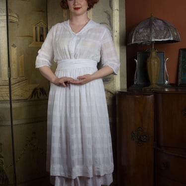 1910s Dress Set - Two Piece Mid to Late 1910s Lingerie Dress with Layering Skirt and Long Self-Fabric Sash 