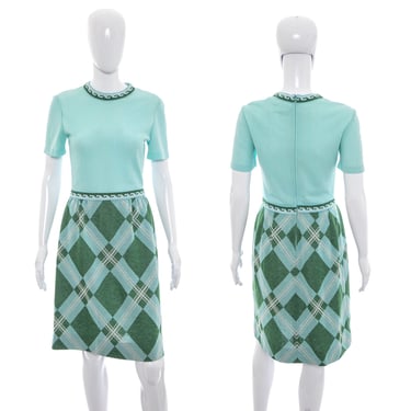 1960's Teal and Argyle Print Secretary Dress Size S