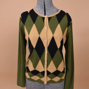 Green Argyle Button Up Sweater By In Knit, S/M