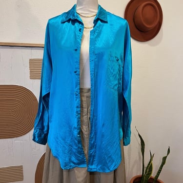 Vintage Ellies Matches Satin Silky Bright Blue Button Front Long Sleeve Top 