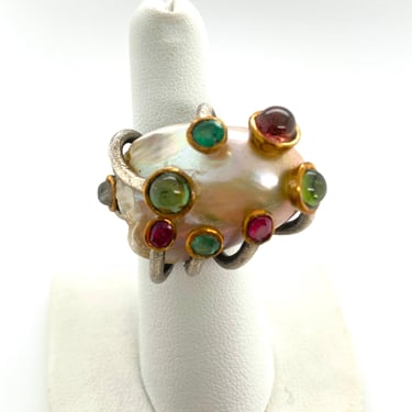 Artisan Abstract Multi Stone Huge Fresh Water Pearl Sterling Silver Ring Sz 7.25 