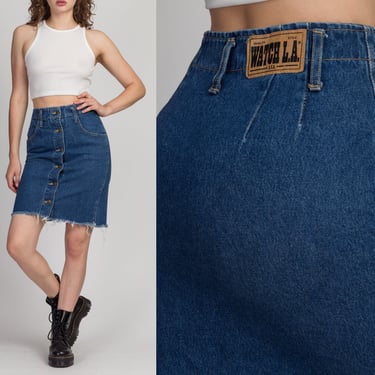 80s Watch LA Button Up Jean Skirt - Small | Vintage Denim High Waist Cut-Off Mini Skirt 