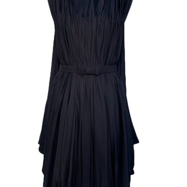 Reem Acra Pleated Little Black Dress with Bow Belt