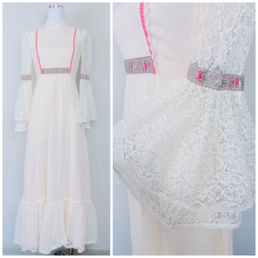 1970s Vintage Candi Jones Peach Cream Bell Sleeve Maxi Dress / 70s Cotton / Poly Pink Ribbon Trim Lace Prairie Dress / Small - Medium 