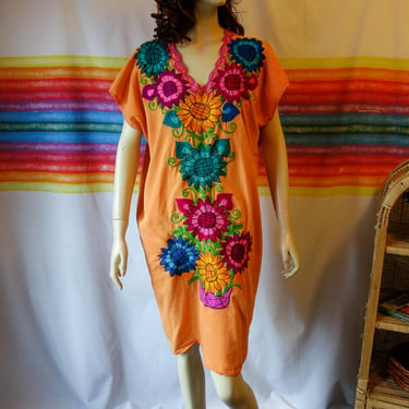 Vintage Mexican embroidered dress small, medium, or large, sherbet orange colorful summer beach cover up, 90s bohemian hippie floral peasant 