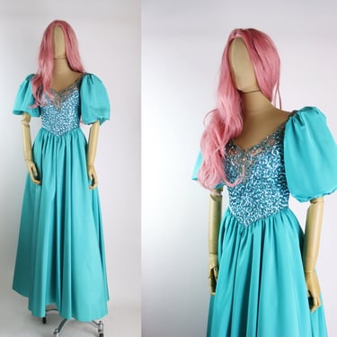 70s Turquoise Party Dress / Mermaid Dress / Puffy Sleeves / 80s dress / Beaded Dress / Size XXS/XS 