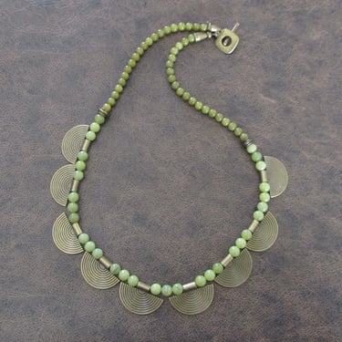 Green serpentine and bronze beaded statement necklace 