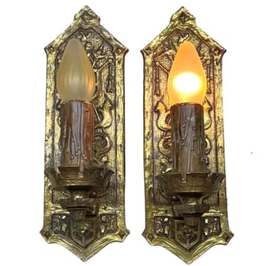 Stunning Pair 1910s or 1920s Cast Brass Tudor or Romantic Revival Wall Sconces #2353  RESTORED and Free Shipping 