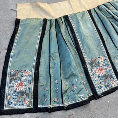 Antique Chinese Qing Dynasty Blue Silk Embroidered  Skirt Gold Stitch Robe VTG