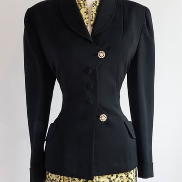 Classic 1940's Black Gabardine Jacket With Fitted Waist / Medium