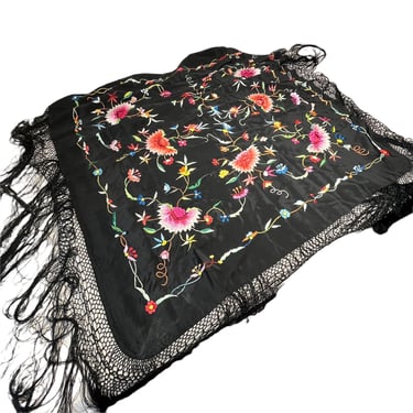 Vintage Black Silk Hand Embroidered Fringed Piano Shawl Tablecloth 
