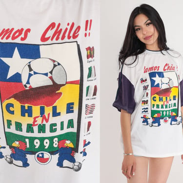 Chile Soccer Shirt 1998 Fifa World Cup T-Shirt Vamos Chile Graphic Tee Francia France Football White Navy Ringer Vintage 1990s Mens Large 