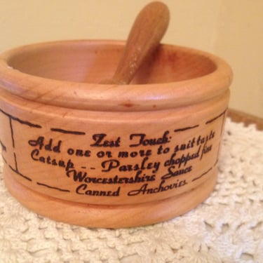 Vintage  Mortar and Pestle made from Wood-Ideal for Grinding Spices- salad recipe engraved on the side 