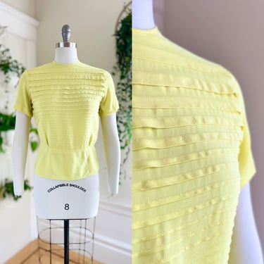 Vintage 1940s Blouse | 40s Lemon Yellow Rayon Crepe Pintuck Pleated Short Sleeve Button Back Dressy Top (small) 