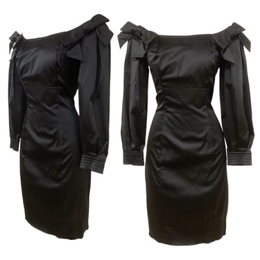 Vtg Vintage 1990s 1990s Henri Bendel Cold Shoulder Bow LBD Black Cocktail Dress 