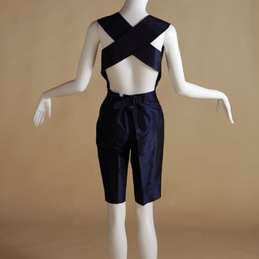S/S 1990 Jean Paul Gaultier runway blue silk taffeta jumpsuit romper with open back 