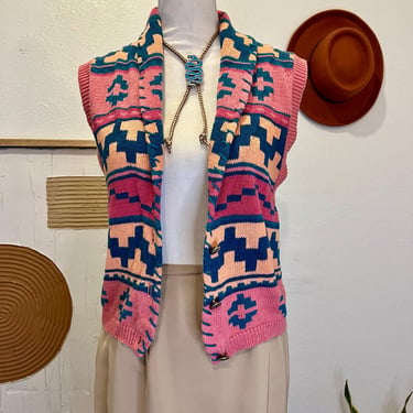 Nuovo Vintage 90s Pink Southwestern Button Front Chunky Sweater Vest - M 