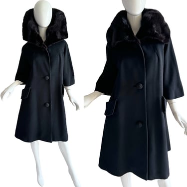 1950s Vintage Mink Trim Wool Coat Len Artel Mid Century Black Opera Flapper Winter Evening Holiday Party Coat 