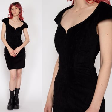 XS 80s Black Suede Sweetheart Neck Mini Dress | Vintage Chia Leather Cap Sleeve Fitted Cocktail Dress 