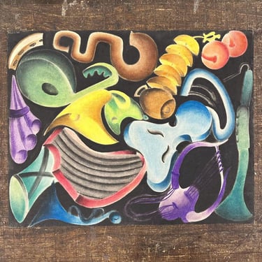 1950s Surreal Modernist Pastel Artwork of Musical Instruments - Cubism Surrealism Modernism - Wild Art - Interior Design - Statement Piece 