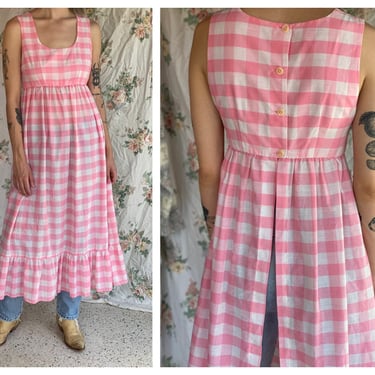 1960s Cotton Dress / Pink and White Check Print Dress / Long Apron Pinafore Dress / Boho / Garden Party Dress / Hippie Bohemian Dress 