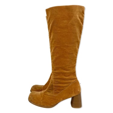 Y2k square toe boots sz 9, vintage 2000s corduroy knee high boots, stack heel boots 90s wide calf 