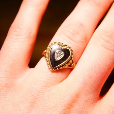 Antique 10K Gold Heart Diamond Black Onyx Inlay Ring, Size 6 3/4 US 