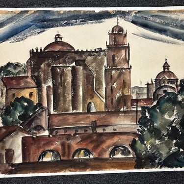 Vintage Antique Ruth Elise Halvorsen Original 1936 Watercolor Painting Art Cityscape 