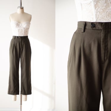 high waisted pants | 90s vintage olive green brown dark academia pleated cropped straight leg trousers 