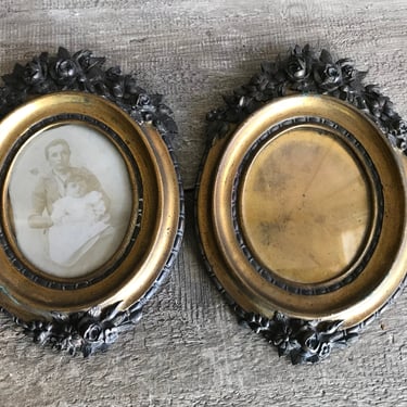 French Oval Bronze Ormolu Frames, Pair, Gilded Floral Design, Small Miniature Portrait Frame, Chateau Decor 