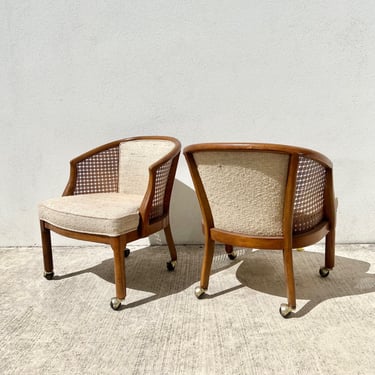 Pair - Cane Chairs with Nubby Upholstery