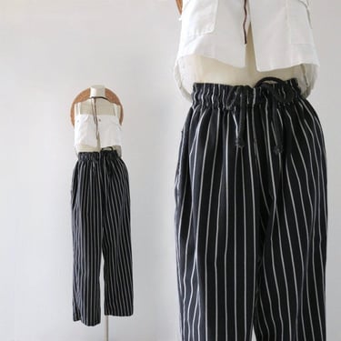 worrrn high waist stripe trousers 26-32 - vintage 90s y2k striped minimal casual draw string loose fit pants small medium black high waist 