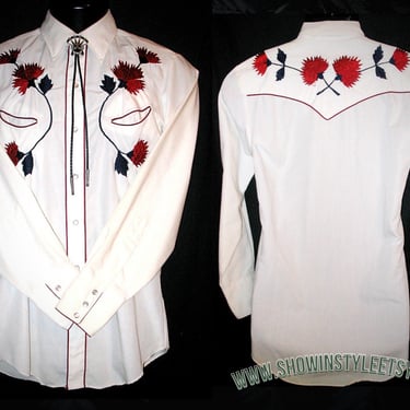 TemTex Vintage Western Men's Cowboy, Rodeo Shirt, Embroidered Red &amp; Black Flowers on Yokes , Approx. Small (see meas. photo) 