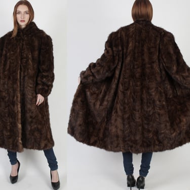 Womens Real Fur Dark Brown Mink Coat / Vintage 80s Dark Full Length Feathered Overcoat With Pockets 