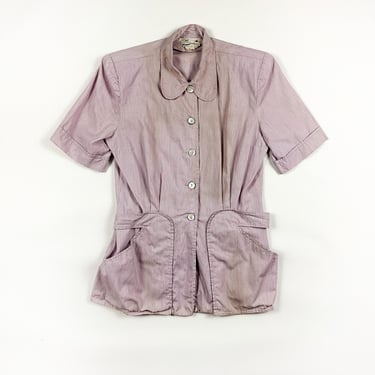 1930s / 1940s Serbin Sanforized Pastel Purple Women's Work Top / Workwear / Short Sleeve / Butterfly Collar / Pockets / Belt / Medium / M 