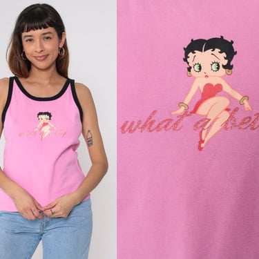 00s Betty Boop Tank Top What A Betty Graphic Camisole Glitter Ringer Shirt Pink Black Cartoon T Shirt Vintage Retro Medium 