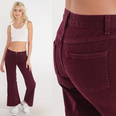 90s Flared Jeans Burgundy Jeans Bell Bottoms Jeans Low Rise Waist Denim Pants Hippie Vintage Boho Extra Small xs 