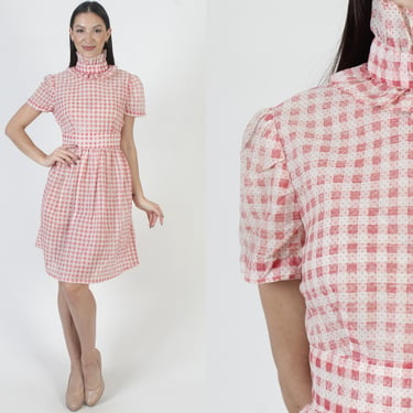 Red White Gingham Print Dress, 70s Picnic Country Floral Sundress, Vintage Checkered Sheer Material, Country Homespun Mini 